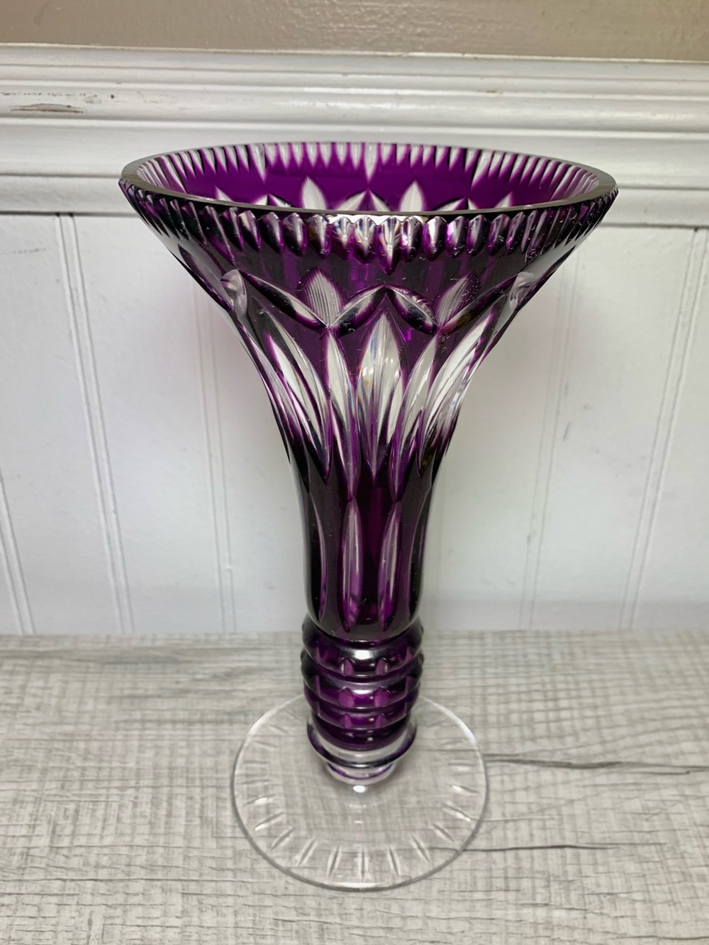 Vintage Bohemian Amethyst Cut To Clear Trumpet Flared Footed Vase